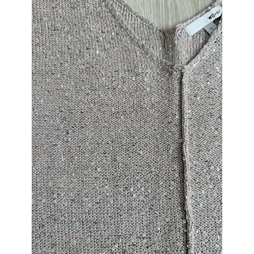 WD NY Sequin Knit V-Neck Sweater Taupe Silver Sparkle Short Sleeve Size Small - Picture 3 of 11